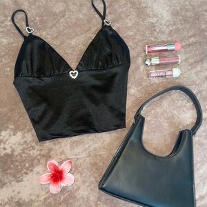 Forever 21 Black Satin Crop Top with Heart Details